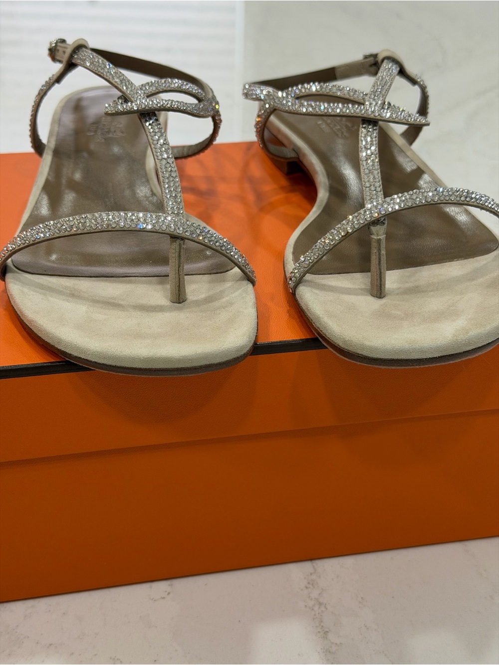 Hermes Crystal-Embellished Beige T-Strap Sandal - Picture 8 of 12